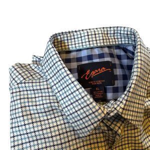 Egara Men’s XL Shirt Slim Stretch Blue White Plaid Non Iron Contrast Cuff Casual
